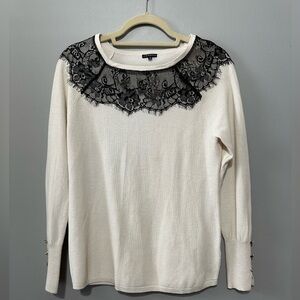 Hannah Long Sleeve Eyelash Sweater Top Cream w/Black Lace EUC!!